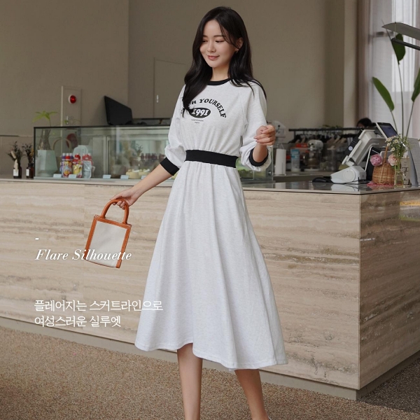 韓國製．舒適棉質撞色字母收腰長袖洋裝．白鳥麗子 product thumbnail 7
