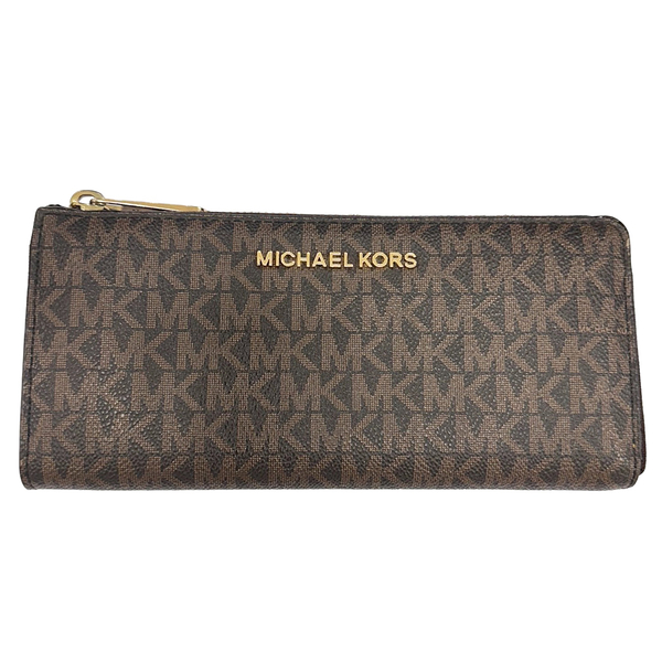 【二手名牌BRAND OFF】MICHAEL KORS MK 邁克爾高司 棕色 PVC塗層帆布 緹花LOGO 拉鍊長夾