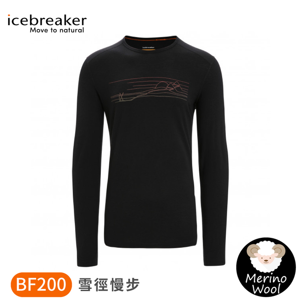 【Icebreaker 男 Oasis 圓領長袖上衣 BF200《雪徑慢步-黑》】0A56HU/排汗衣/薄長袖/內層衣/內著