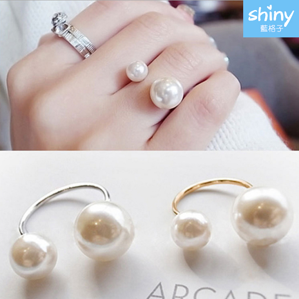 【30A24】shiny藍格子-甜美搭配．極簡大小雙珍珠開口戒指