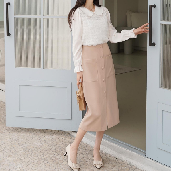 韓國製．氣質排釦大口袋後鬆緊半身裙．白鳥麗子 product thumbnail 7