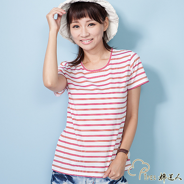 【PIPES-棉達人】絲光棉 圓領 短袖，白底 黃+粉條紋T恤，台灣製 M~3L 690元