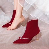 冬季婚鞋細跟短靴女2022年新款秀禾服新娘鞋紅色高跟靴子加絨婚靴 雙12全館距惠