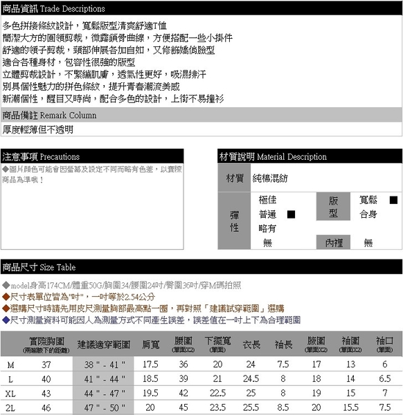 加大尺碼--經典百搭醒目多色拼接條紋圓領短袖T恤(灰.粉M-3L)-T347眼圈熊中大尺碼 product thumbnail 11