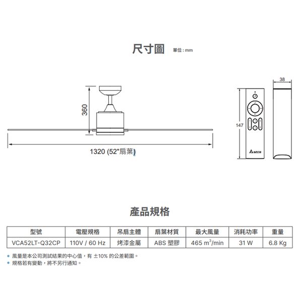 【燈王的店】台達 DC 52吋吊扇+吊扇燈 附遙控器 VCA52LT-Q32CP+VFRU-VCLA-11CP product thumbnail 9