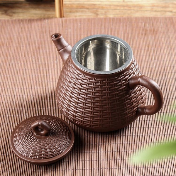 茶壶 宜興紫砂壺大容量不銹鋼過濾泡茶壺大號龍鳳竹編壺功夫茶具杯套裝