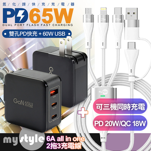 CB 65W 氮化鎵快速充電器 JT-G65B黑+MyStyle 二出三 6用型快充線-白