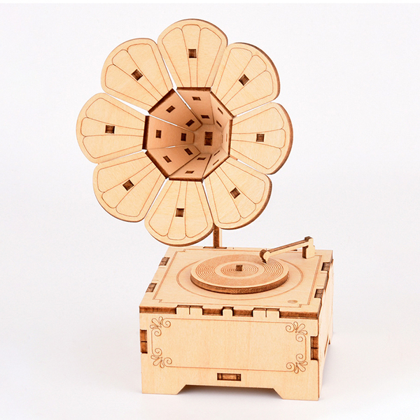 【BlueCat】DIY拼裝 木質留聲機 音樂盒 迷你 3D拼圖 材料包 兒童 手作 機械原理 益智邏輯 科學