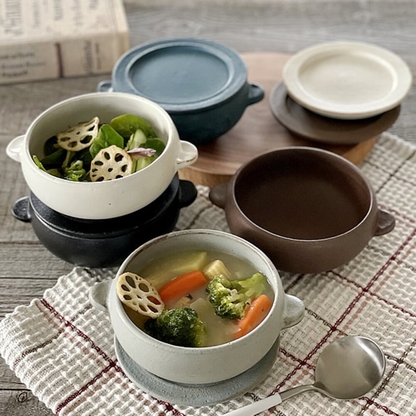 日本製 雙耳陶碗 附蓋子 沙拉碗 濃湯碗 麥片碗 燉菜碗 啞光色 陶器餐具 日式餐具 西餐餐具 product thumbnail 3