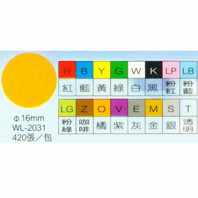 華麗牌 WL-2031 彩色圓點標籤/圓形貼紙 金色 16mm 420入
