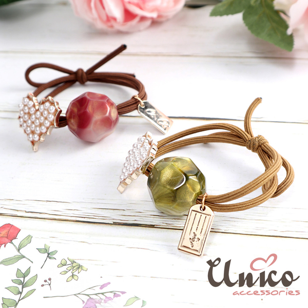 UNICO 質感色系優雅珍珠2入髮圈/髮飾-琥珀綠+乾燥玫瑰花 product thumbnail 6