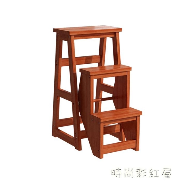 加厚加高二步折疊實木梯凳三步家用室內多功能登高梯子凳樓梯椅子MBS「時尚彩紅屋」