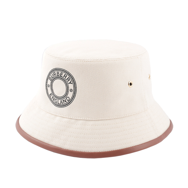 【BURBERRY】徽標圖案牛皮飾邊漁夫帽(米色/焦糖色) 8049476 A1435