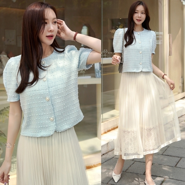 韓國製．法式純色珍珠排釦圓領公主袖短版外套．白鳥麗子