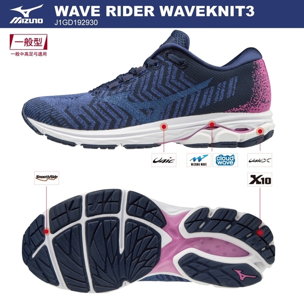 MIZUNO WAVE RIDER WAVEKNIT 3 女鞋 慢跑 編織 耐磨 避震 輕量 藍紫【運動世界】J1GD192930 product thumbnail 3