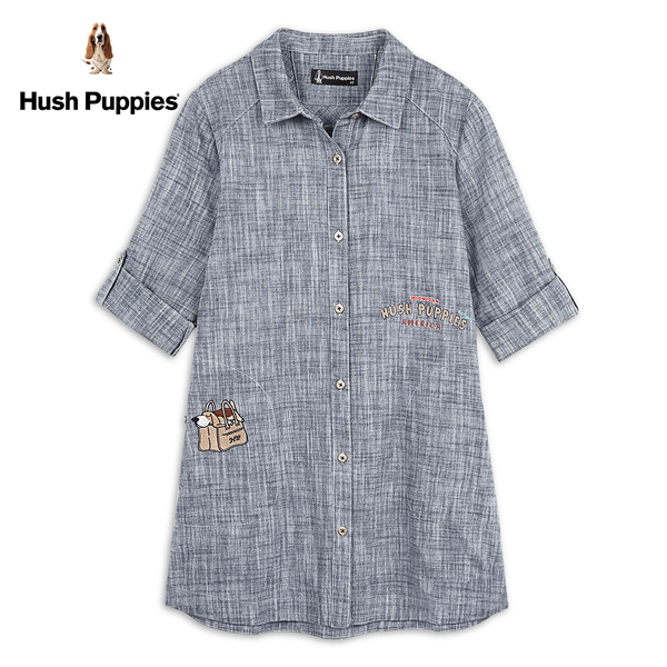 Hush Puppies 襯衫 女裝趣味趴趴狗刺繡七分袖長版襯衫