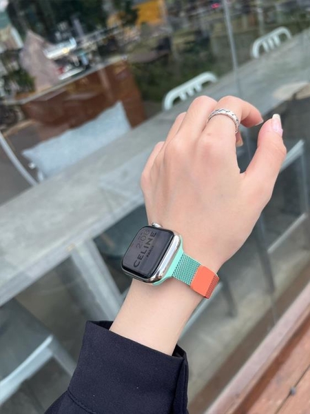 錶帶~適用于蘋果手錶iwatch7錶帶磁吸細款米蘭不銹鋼金屬漸變男女款潮