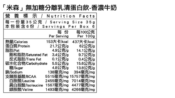 【米森 vilson】無加糖分離乳清蛋白飲-香濃牛奶 12盒(35gx6包/盒) product thumbnail 5