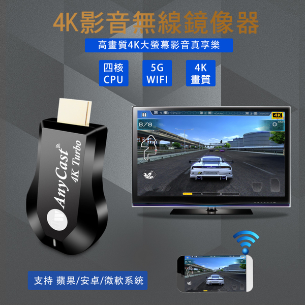 【4K Turbo影音真棒】高速四核心AnyCast雙頻5G全自動無線HDMI影音電視棒(送4大好禮)