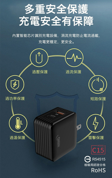 HANG C15白 22W PD+QC3.0全兼容閃充+TypeC 1對3 PD快速閃充線三合一(30cm短線灰) product thumbnail 7