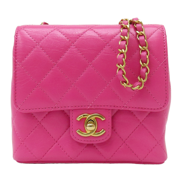 【二手名牌BRAND OFF】CHANEL 香奈兒 桃紅色 牛皮 Mini 單肩鏈包 金扣 A35200