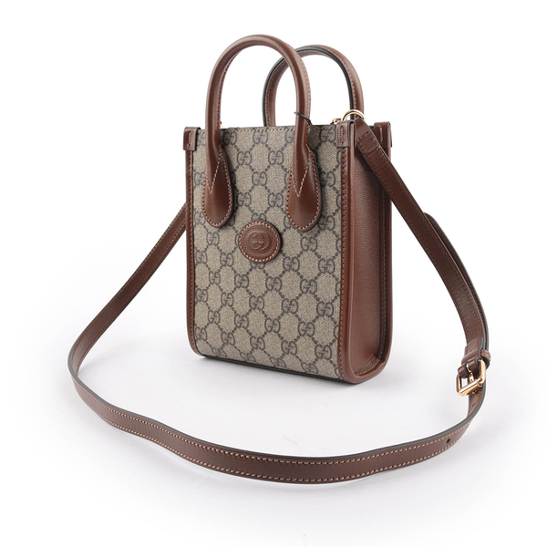 【GUCCI】Interlocking G 迷你手提/斜背托特包(棕色) 671623 92TCG 8563