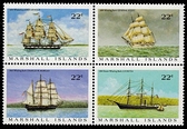 古幣收藏~1987馬紹爾群島19世紀美國捕鯨帆船郵票4全連