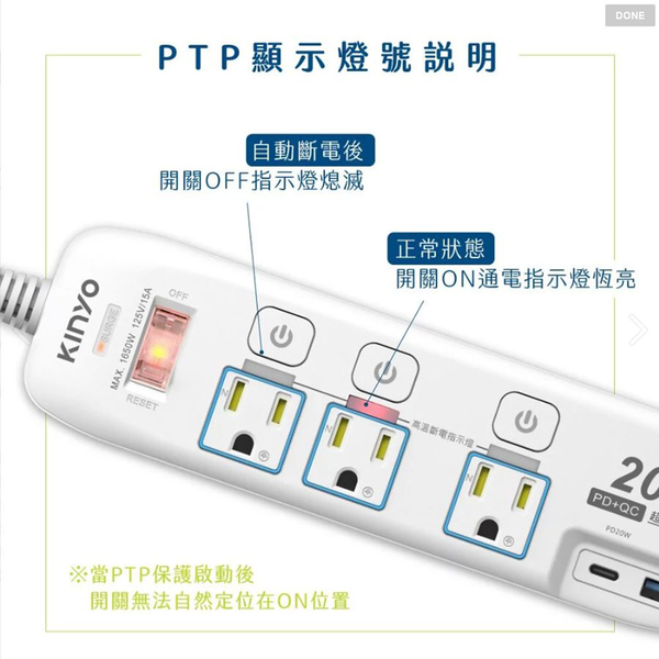 【KINYO】4開3插PD+USB延長線 (GIPD-343) 9尺 延長線 product thumbnail 5