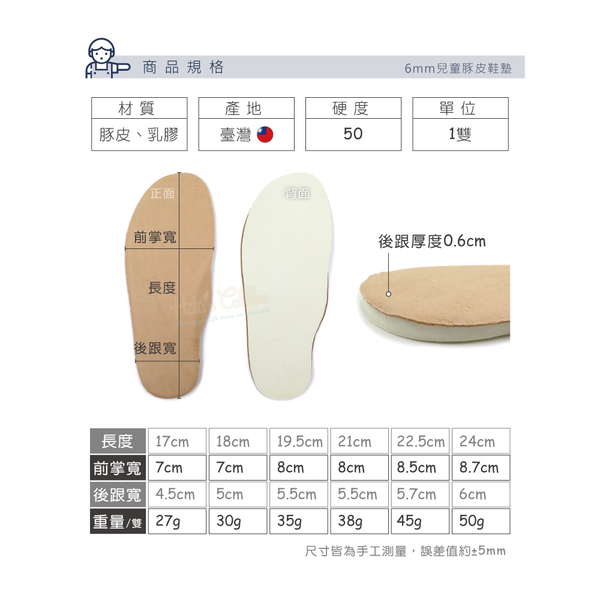 鞋墊．台灣製 6mm兒童豚皮鞋墊 豬皮乳膠鞋墊．1雙【鞋鞋俱樂部】【906-C99】 product thumbnail 6