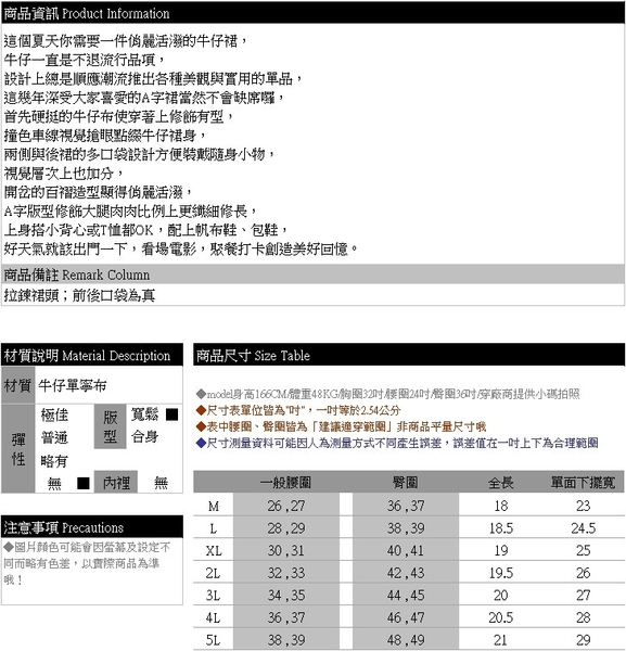 牛仔裙--韓版俏麗拉鍊裙頭前後口袋撞色車線A字開岔百褶牛仔短裙(藍M-5L)-Q141眼圈熊中大尺碼 product thumbnail 11