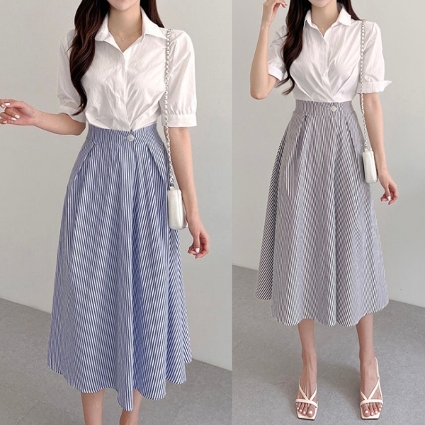 【限量現貨】連身裙．韓風假兩件拼接條紋收腰翻領短袖洋裝．白鳥麗子