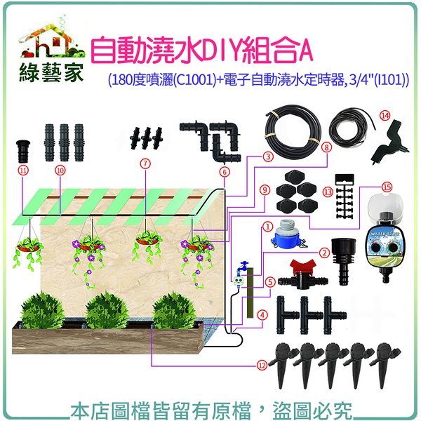 【綠藝家】自動澆水DIY組合A (180度噴灑(C1001)+電子自動澆水定時器， 3/4&quot;(I101))