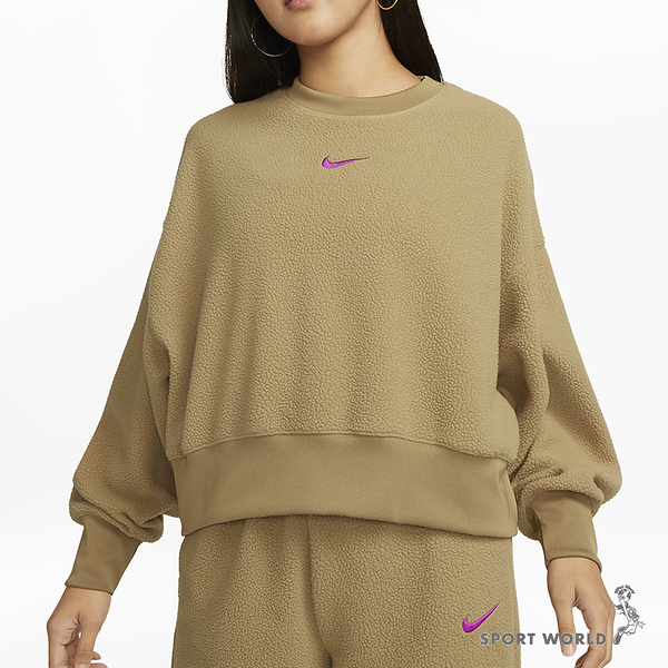 Nike 女裝 長袖 休閒 短版 刺繡 搖粒絨 棕【運動世界】DQ6845-258