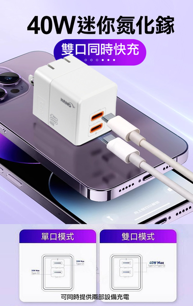 HANG 40W氮化鎵 USB-C PD雙孔快速充電器+Type-C to Lightning 20W 傳輸充電線 product thumbnail 6