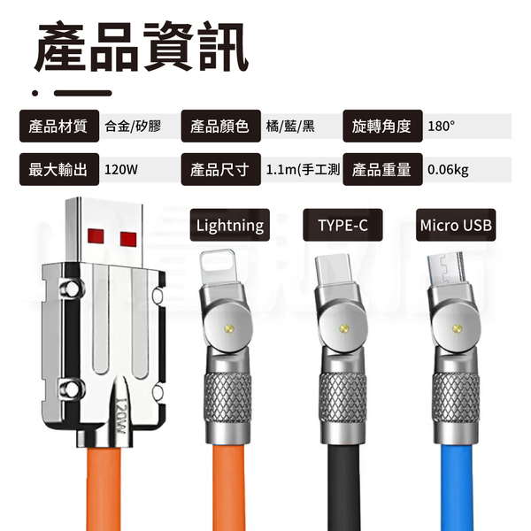 6A 快充線 充電線 120W 鋅合金加粗機殼線 180度充電線 Type-c Micro USB iPhone 傳輸線 product thumbnail 8