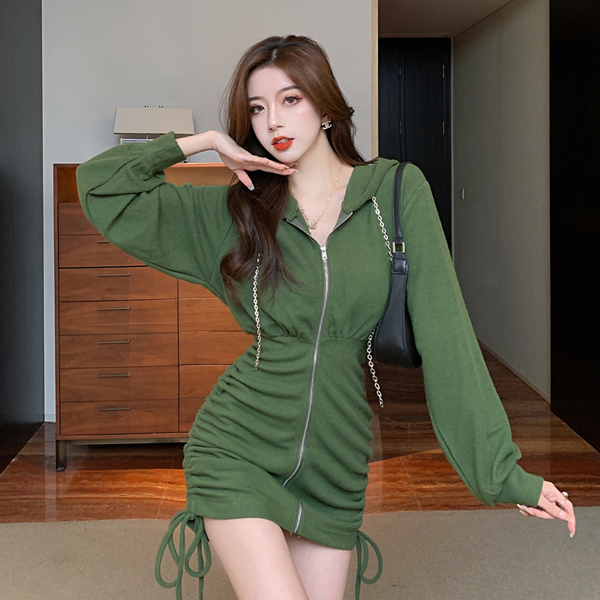 VK精品服飾 韓國風抽繩收腰拉鏈包臀性感優雅長袖洋裝