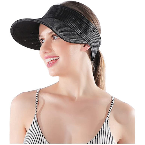 女防曬防紫外線可折疊遮陽草帽(黑色)