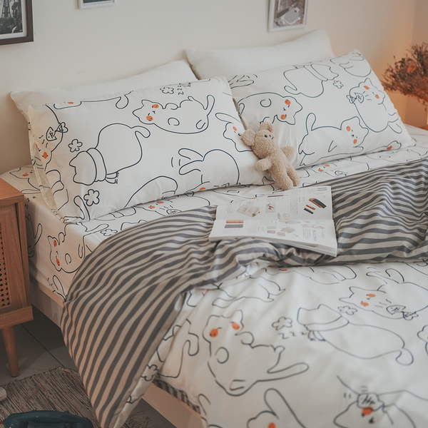 圓圓貓 D2雙人床包雙人薄被套4件組 四季磨毛布 北歐風 台灣製造 棉床本舖