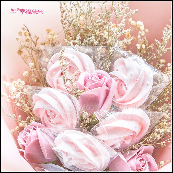 甜蜜粉色 玫瑰馬林糖乾燥花束 CO005(5支玫瑰馬林糖+3朵香皂玫瑰花) 情人節花束 告白花束 花束