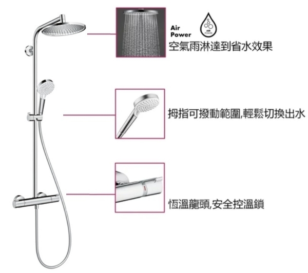 【麗室衛浴】德國HANSGROHE Crometta S 定溫淋浴花灑組 27267 含上花灑、手持蓮蓬頭