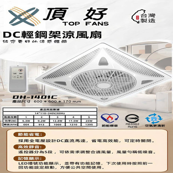 【燈王的店】台灣製 頂好 DC省電 14吋 循環扇 涼風扇 附遙控器 輕鋼架空調風扇 DH-1401C 全電壓 product thumbnail 2