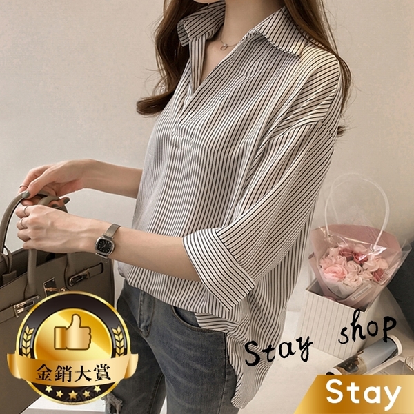 【Stay】韓版BF風男友風寬鬆顯瘦條紋襯衫 短袖上衣 女裝 衣服 T桖【T199】
