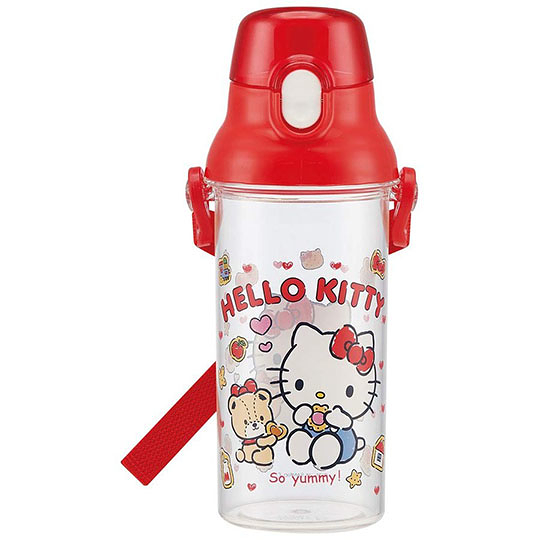 小禮堂 Hello Kitty 日製 透明直飲式水壺附背帶 塑膠水瓶 兒童水壺 480ml (紅 餅乾) 4973307-445781