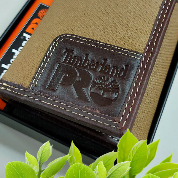 【Timberland】男皮夾 短夾 三折 帆布PRO款 牛皮夾 品牌盒裝／黃褐色