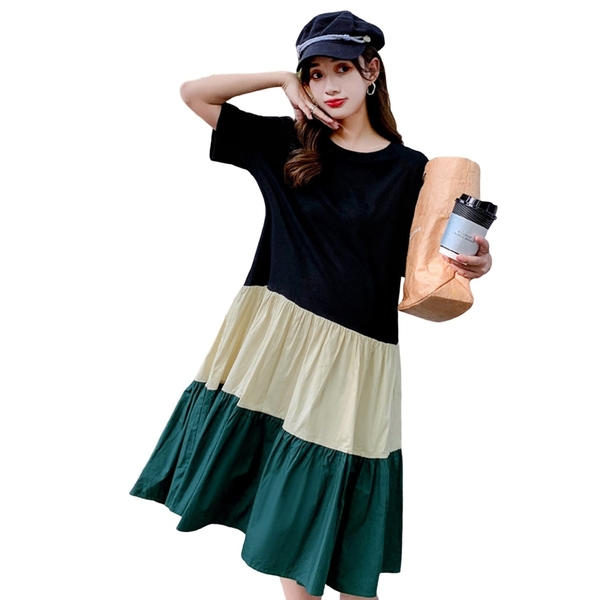 連身洋裝--顯瘦多層次視覺拼接撞色蛋糕裙擺圓領短袖連身裙(綠M-3L)-D600眼圈熊中大尺碼 product thumbnail 2