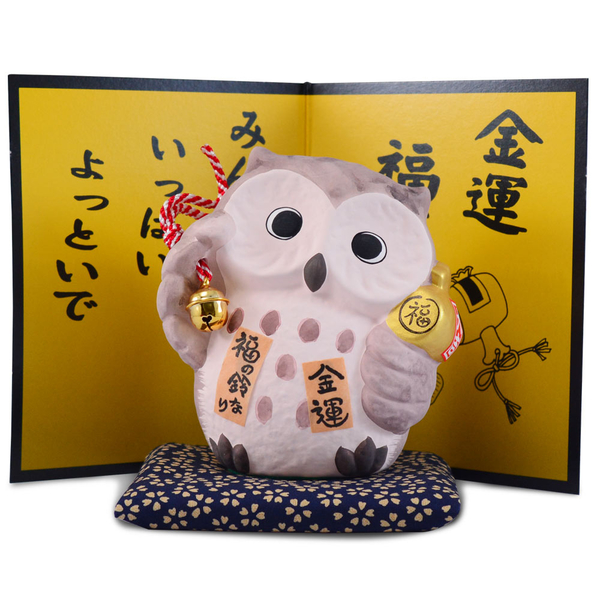 堯峰陶瓷 日本美濃燒 金運福鈴手繪貓頭鷹 開運招福存錢筒 擺飾品 療癒小物