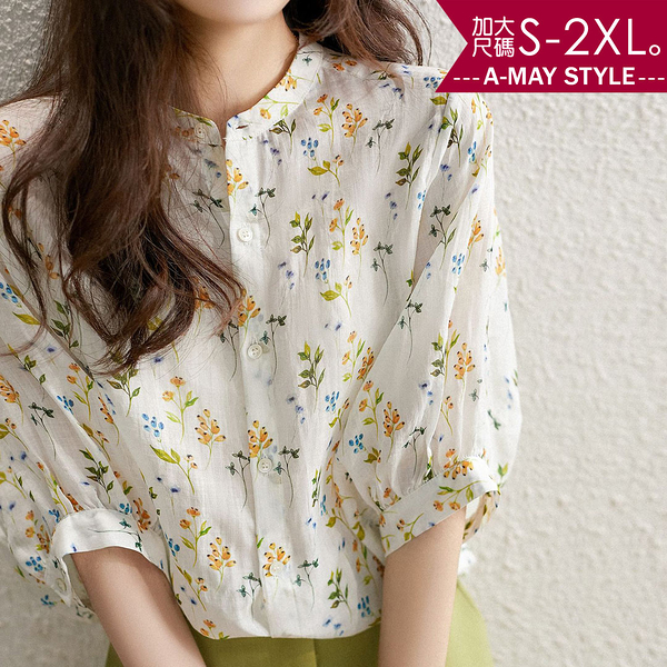 加大碼 上衣 清新圓領澎袖印花襯衫(S-2XL)