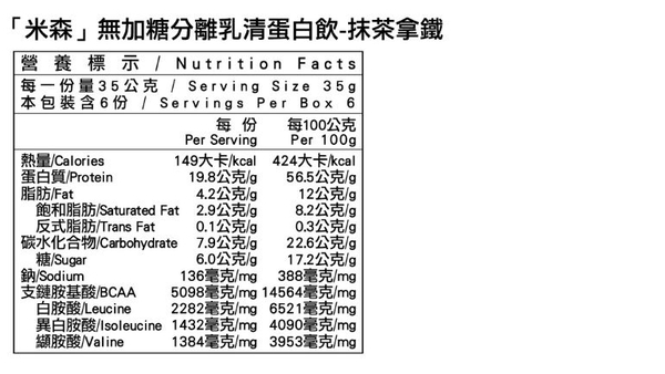 【米森 vilson】無加糖分離乳清蛋白飲-抹茶拿鐵(35gx6包/盒) 1盒 product thumbnail 4