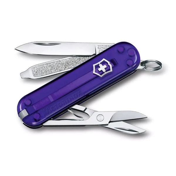 【Victorinox 瑞士維氏】瑞士刀 CLASSIC SD 小型袋裝刀 7用刀 58mm-透紫(0.6223.T29G)