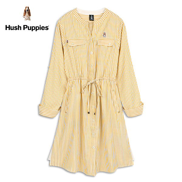 Hush Puppies 洋裝 女裝直條紋綁帶開襟長袖洋裝